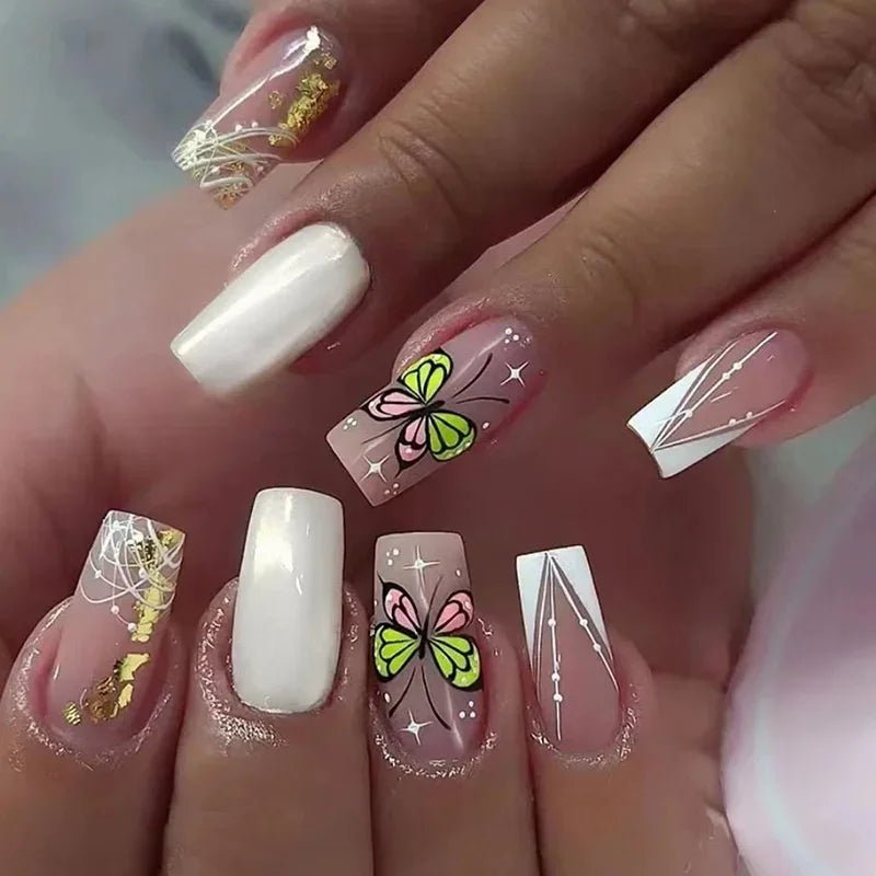 Cyflymder  24pcs Simple French False Nails With Gel White Square Head Fake Nails With Designs Short Press On Nails Natural Artificial Nail