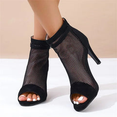 Cyflymder  Summer hollow black cool boots slim heels mesh boots fish mouth exposed toe high heels mesh women's shoes dance short boots
