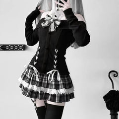 Cyflymder  Japanese Gothic Y2k Lolita Skirt Set Women Sweet Lace Bow Bandage Knitted Off-shoulder Top Plaid Mini Skirts Kawaii Slim Outifit