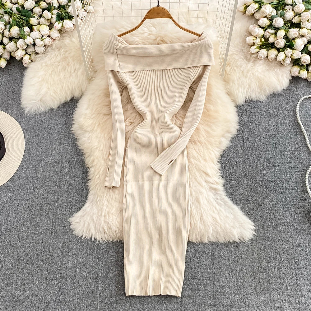 Cyflymder Ins Fashion Women Christmas Red Party Dress High Waist Off Shoulders Long Sleeve Front Split Knitted Dress Bodycon Robe