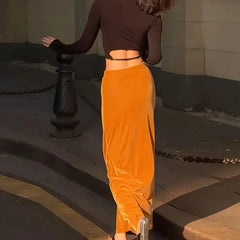 Cyflymder  Autumn Fashion Golden Velvet Skirt Women's High Waist Bag Hip Long Skirt Elegant Office A-line Party Skirts Mujer Faldas 652A