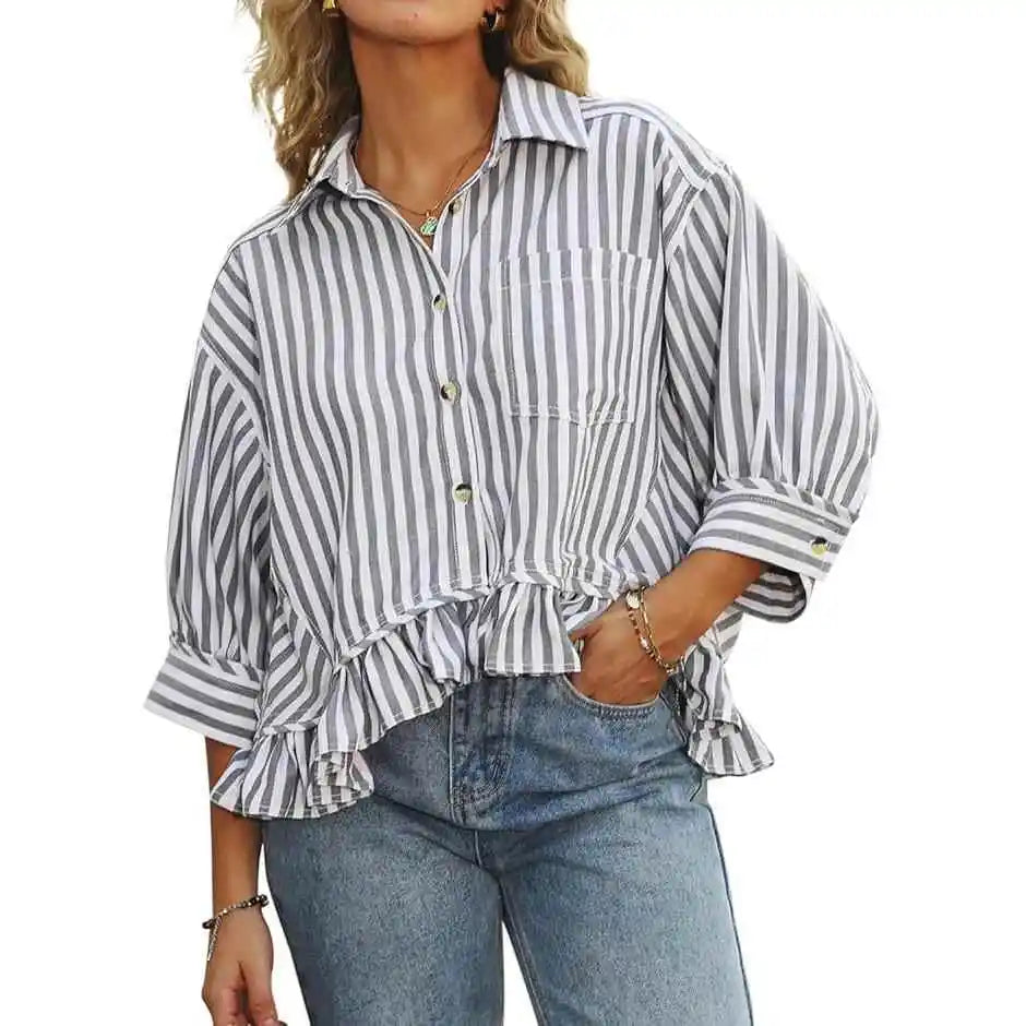 Cyflymder  Casual Stripe irt Women's Summer Top Button down ort Sve Gathered Hem Bubble Sve Polyester Fiber Commute Sleeve