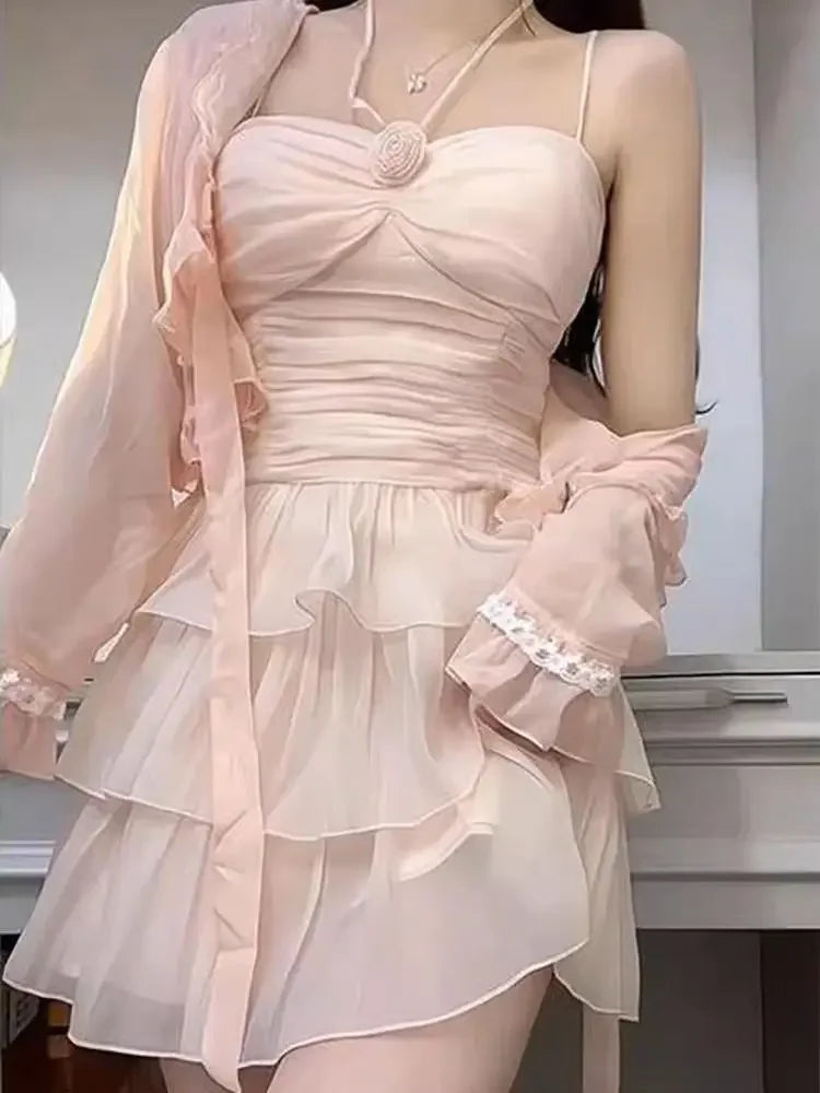 Cyflymder  Ballet Style Off-Shoulder Strap Dress Women's Summer New Waist-Cinching Slimming Heavy-Work Design Short Cake Skirt Dress