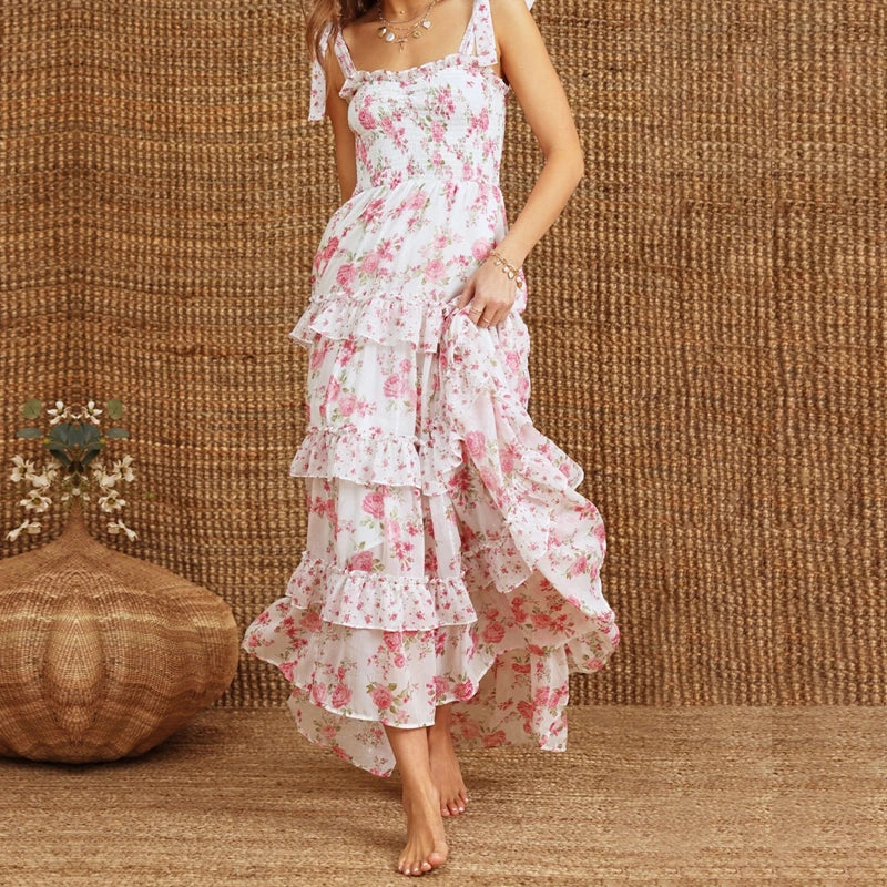 Cyflymder  Floral Tie Shoulder Maxi Dress for Women Y2k Spaghetti Strap Ruffles Flowy Long Dress Ladies Summer Boho Beach A-line Sundress