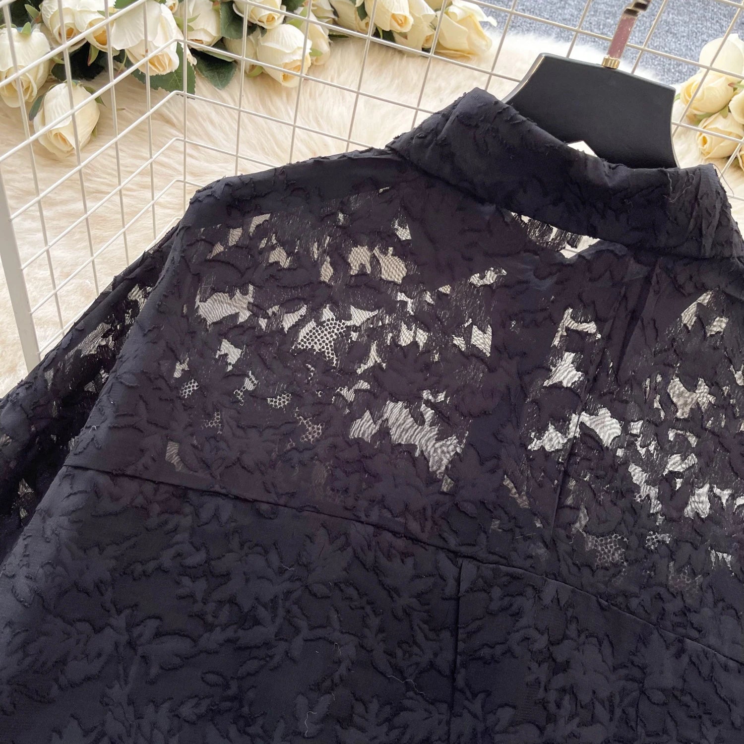 Cyflymder  Ele Vintage Bubble Sve irt Women's Loose Embroidered Me Top Spring Faionable Commute Sle Korean Version