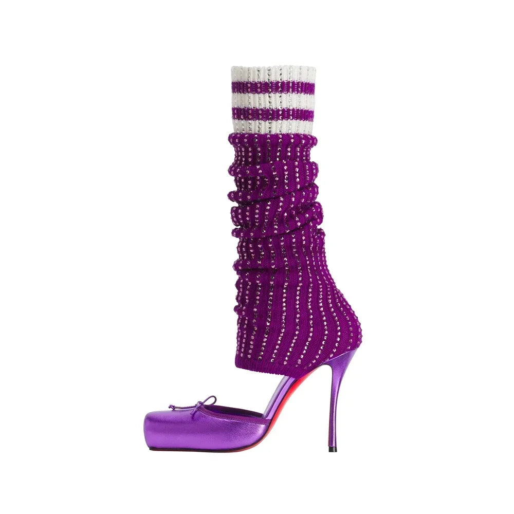 Cyflymder   Women Satin Square Toe Bow Mules  Stiletto Platform High Heels With Rhinestone Knit Slouch Leg Fashion Runway Party