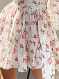 Cyflymder Elegant Women Floral Print Short Mini Dress Long Lantern Sleeve Deep V Neck High Waist A-Line Dresses Female Vestidos