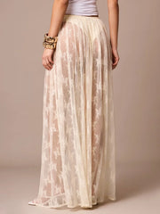 Cyflymder  Womens Sexy Sheer Lace Skirt High Waisted Floral Embroidered See Through Ruffled A Line Long Maxi Long Beach Coverup Skirts