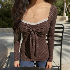 Cyflymder  90s Aesthetic Polka Dot Blouse Women Brown Lace Trim Square Neck Tie Front Ruched Long Sleeve Casual Top T Shirt Fashion Outfit