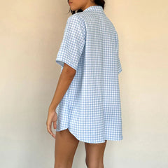 Cyflymder  Women's Lounge Wear Outfits Summer Fall Beach Streetwear Short Sleeve Lapel Neck Button Down Tops Elastic Waist Shorts Plaid Set