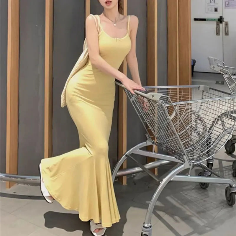 Cyflymder  Aura Elegant Slim Bag Hip Slip Long Dress Female Clothing Solid Color Summer Hotsweet Bow Fashion Backless Waist Basic Dresses