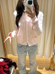 Cyflymder  Pink Sweet Pocket Knit Sweater Coat Women Autumn Lace Trim Neck Button Casual Solid Jumper Tops Sweet Cute Preppy Style Cardigan