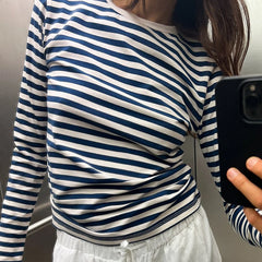 Cyflymder  Women Striped Long Sleeve Crop Top Fall Casual Basic Tee Going Out Fitted Crew Neck Pullover Tight Shirts Streetwear