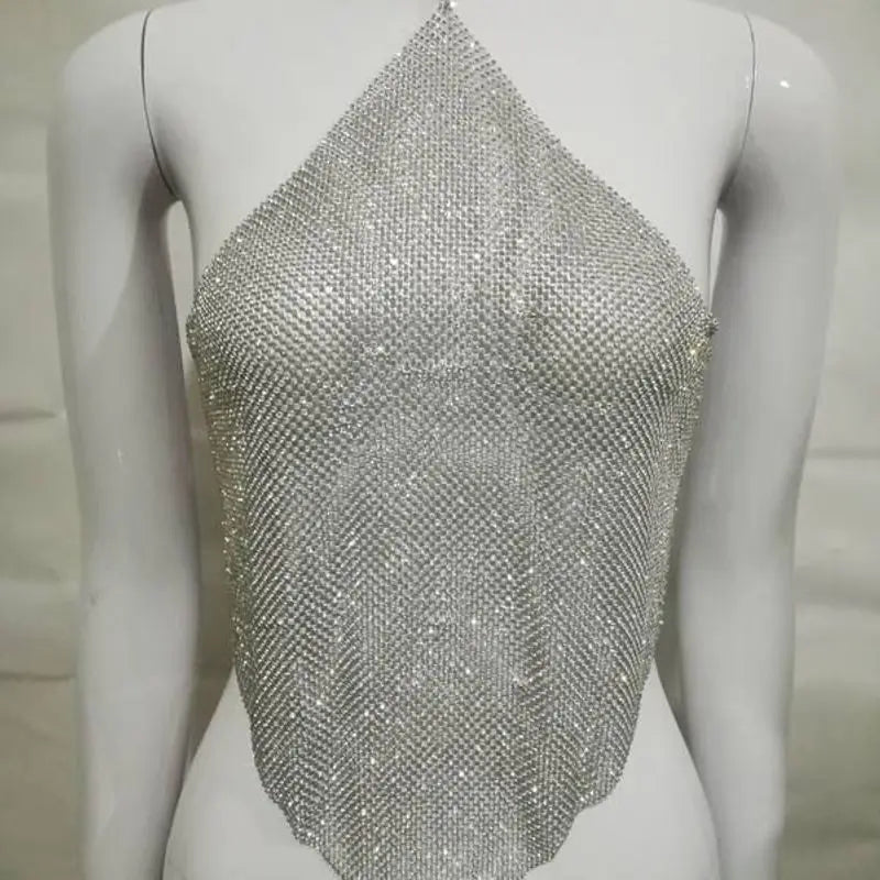 Cyflymder  Cross-Border New Summer Women's Metal Rhinestone Tank Top Sexy Spicy Girl Club Crop Top with Nelace Glittering Beads Ladies