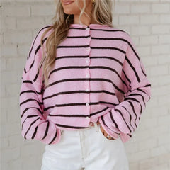 Cyflymder   Contrast Striped Loose Cardigan for Women Long Sleeve Button Down Knit Winter Casual Daily Minimalist Sweater Outerwear
