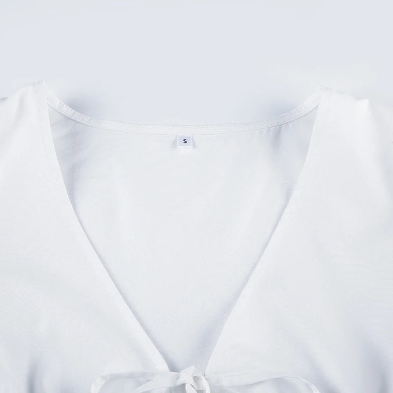 Cyflymder  Elegant Fashion Solid Split Blouse Slim Bandage V-Neck Puff Sleeve Shirts Women 2025 Summer Fashion Streetwear Ladies