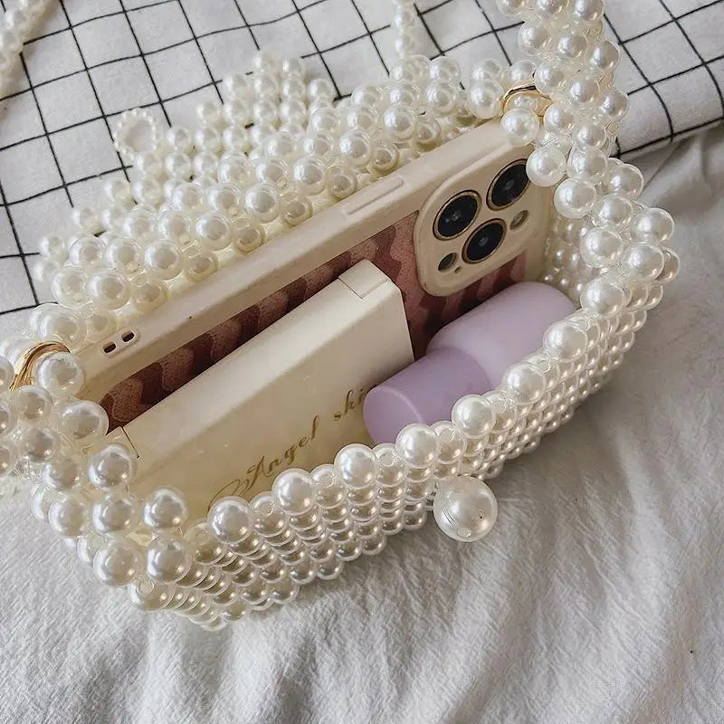 Cyflymder Pearl Crossbody Bags for Women Small Coin Wallet Handbag Handmade Woven Ladies Phone Tote Hand Shoulder Bag