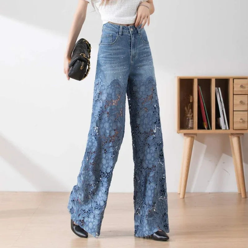 Cyflymder  Fashion Elegant Jeans for Women High Waist Lace Patchwork Pantalones Hollow Out Oversized Spring Casual Loose All Match Pants