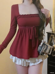Cyflymder  Womens Long Sleeve Square Neck Babydoll Tops Bow Tie Shirred Ruffle Shirt Y2k Vintage Aesthetic T Shirt Slim Fit Blouse
