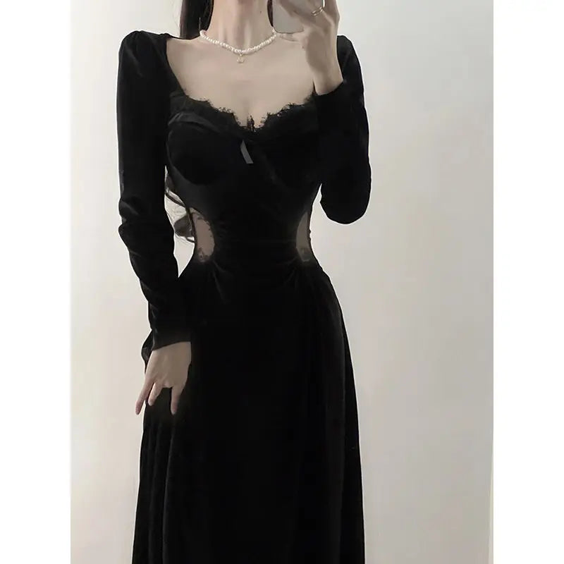Cyflymder  French Style Powerful Women's Formal Dress High-end Light Luxury Niche Retro Black Velvet Dress Autumn New Collection Dresses