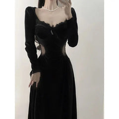 Cyflymder  French Style Powerful Women's Formal Dress High-end Light Luxury Niche Retro Black Velvet Dress Autumn New Collection Dresses