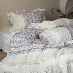 Cyflymder  Vintage French Prints Lace Ruffles Bedding Set Double Layer Yarn 100% Cotton Duvet Cover Flat/Fitted Bed Sheet Pillowcases 4Pcs