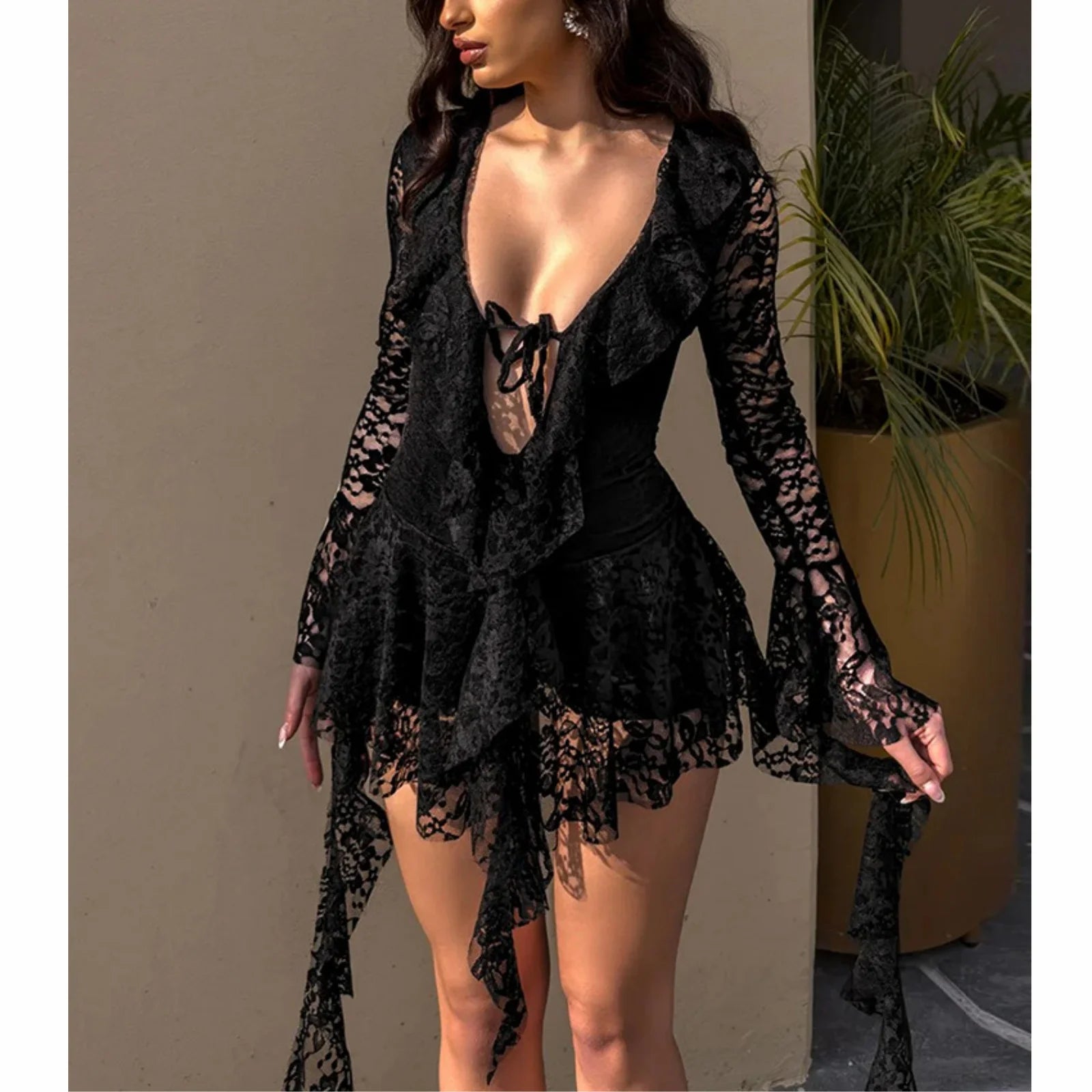 Cyflymder  Sexy Lace Dress y2k Women Clothes Solid Color V Neck Long Sleeve A Line Ruffle Mini Dress 2000s Evening Party Dresses