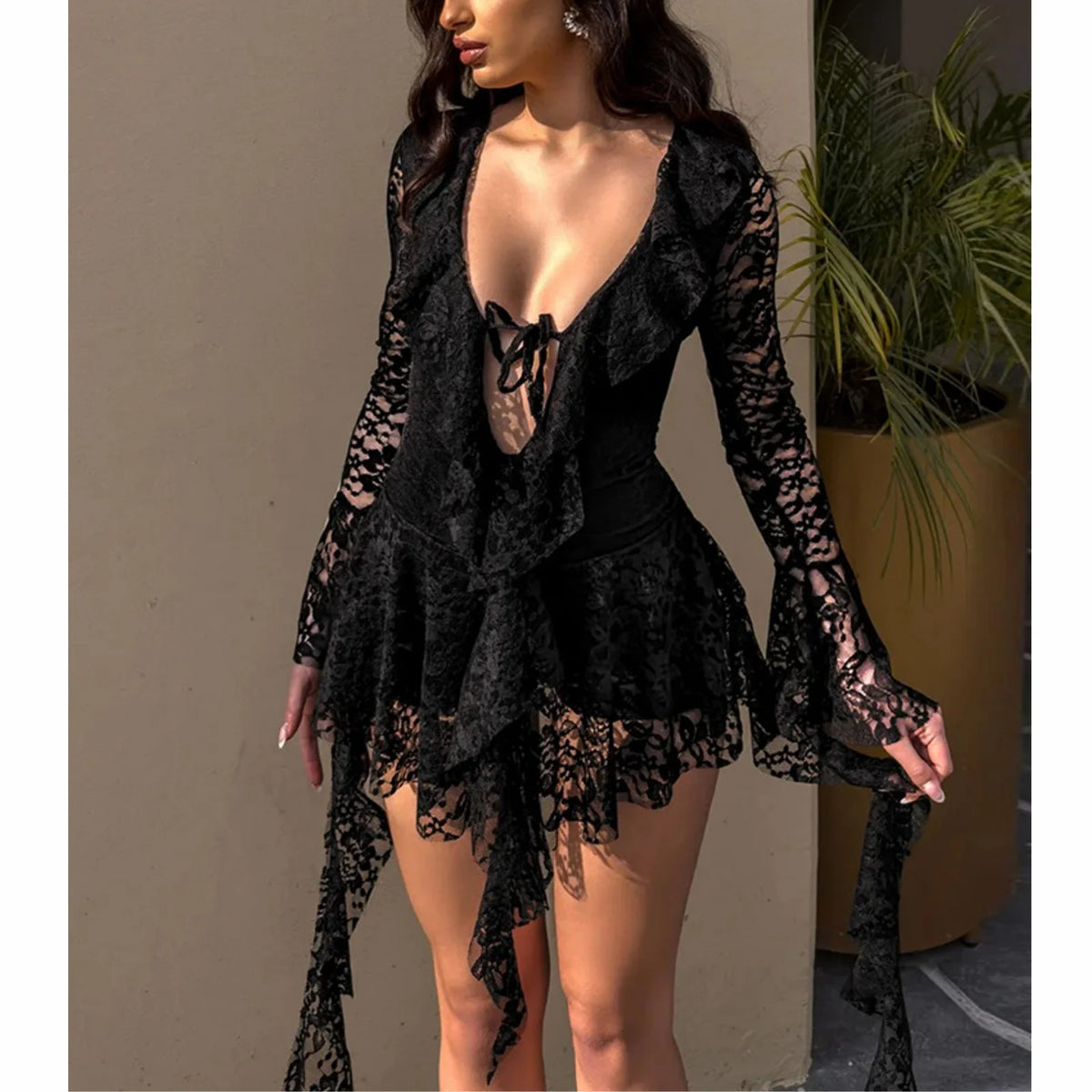 Cyflymder  Sexy Lace Dress y2k Women Clothes Solid Color V Neck Long Sleeve A Line Ruffle Mini Dress 2000s Evening Party Dresses