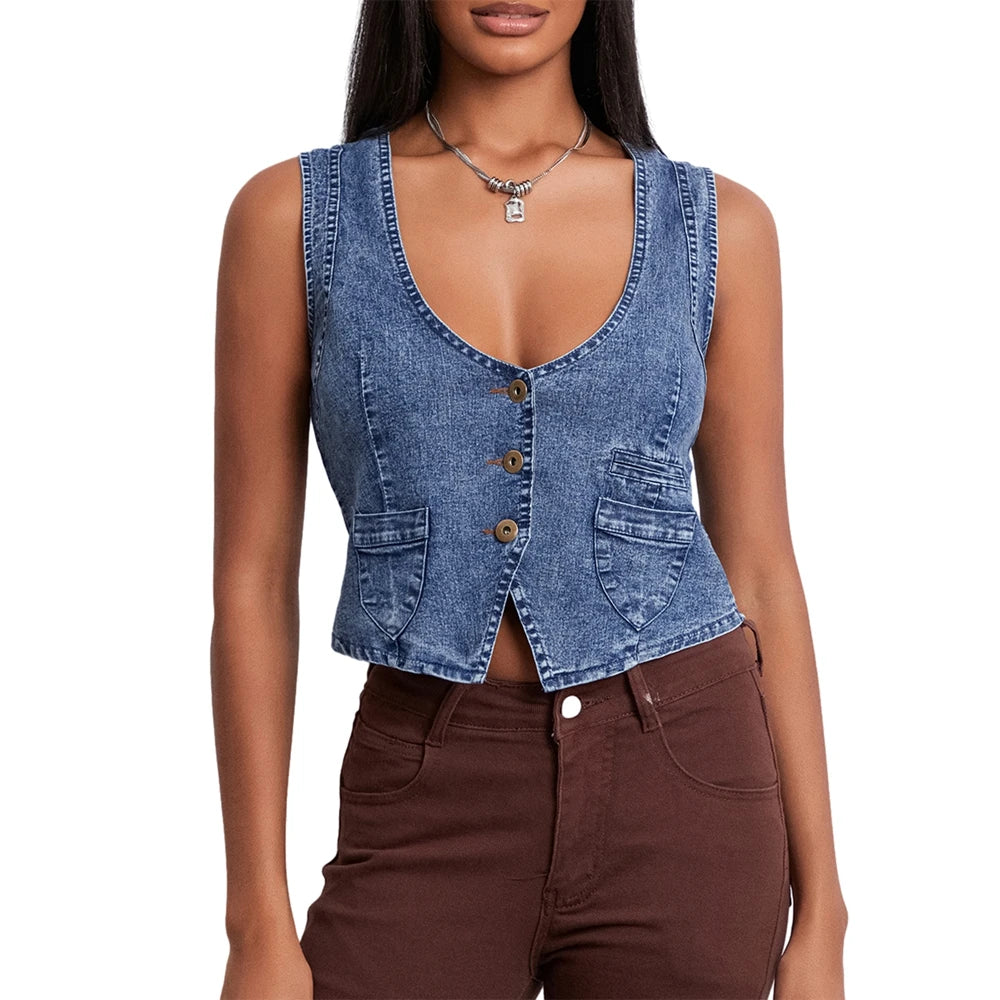 Cyflymder  Women's Y2K Vintage Denim Vest Sleeveless V Neck Button Down Irregular Hem Outwear Gilet with Pockets Streetwear
