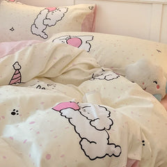 Cyflymder 4Pcs Pure Cotton Cartoon Pattern Printed Quilt Cover Breathable Colorfast Fitted Sheets Super Soft Dirt Resistant Bedding Set