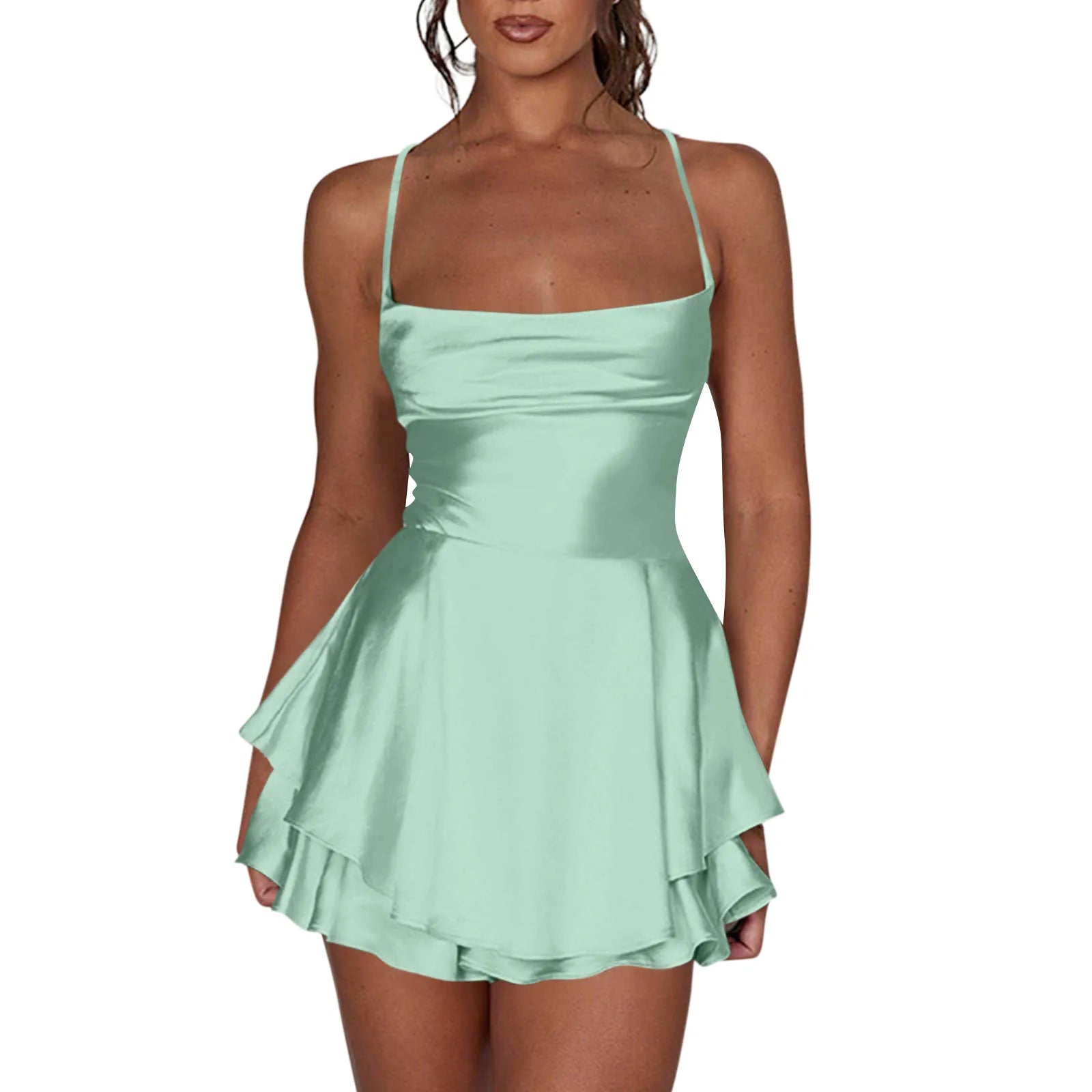 Cyflymder  Ladies' Silk And Satin Elegant Sexy Slim Beautiful Backless Short Dress Cowl Neck Cross Spaghetti Strap Party Pleated Mini Skirt