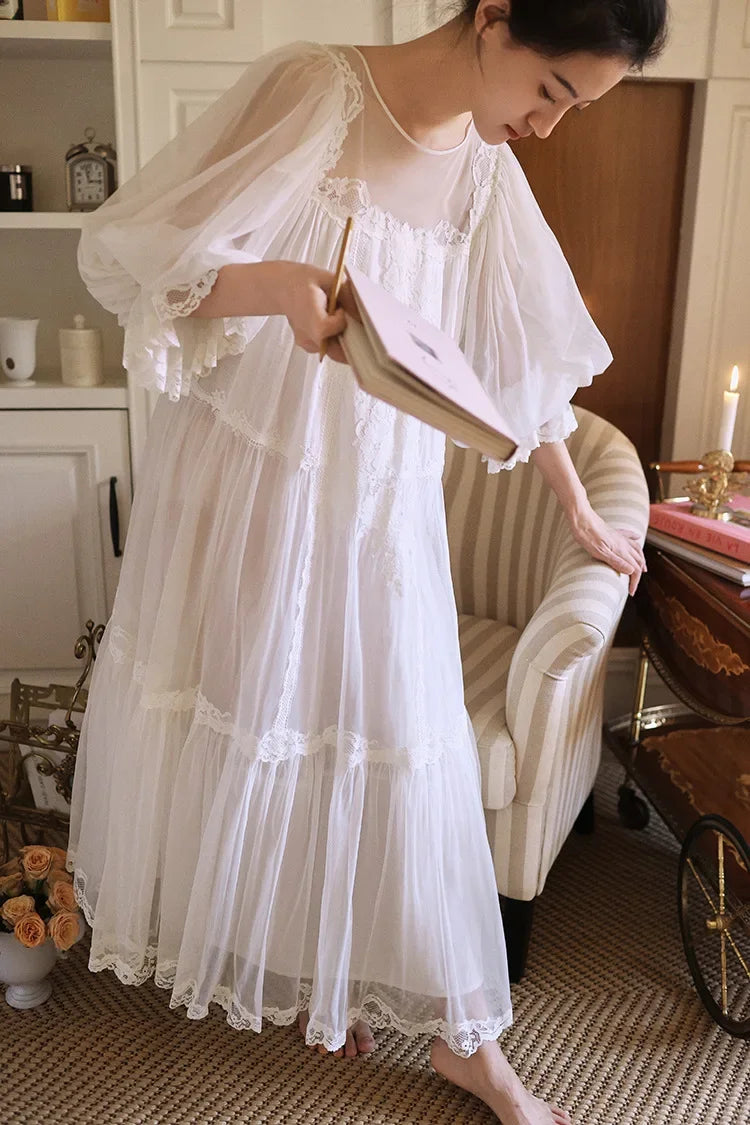 Cyflymder  Princess White Vintage Long Nightgowns Gauze Round Neck Puff Long Sleeves Cotton Nightie Loose Design Embroidery Nightdress  New