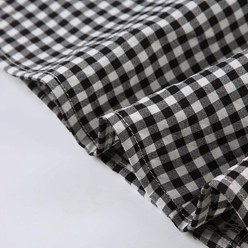 Cyflymder  Casual Slim Plaid A-Line Dress Elegant Fashion Basic Deep V-Neck Short Sleeve Ruffles Mini Dresses For Women 2025 Summer