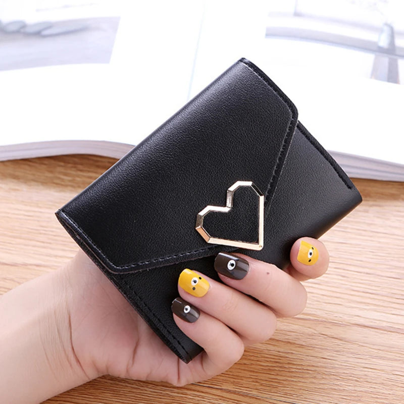 Cyflymder Fashion Heart Hasp Women Short Wallet Coin Pouch Solid Color Large Capacity Credit Card Holder Card Wallets Student Coin Purse