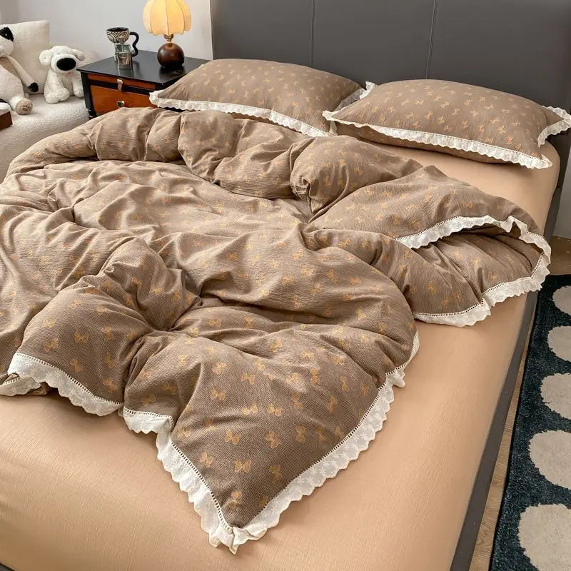 Cyflymder  INS French Lace Trim Bowknot Double Layer Gauze Quilt Cover Four-Piece Set Simple Bed Sheet Fitted Sheet Dormitory Three-Piece