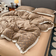 Cyflymder  INS French Lace Trim Bowknot Double Layer Gauze Quilt Cover Four-Piece Set Simple Bed Sheet Fitted Sheet Dormitory Three-Piece