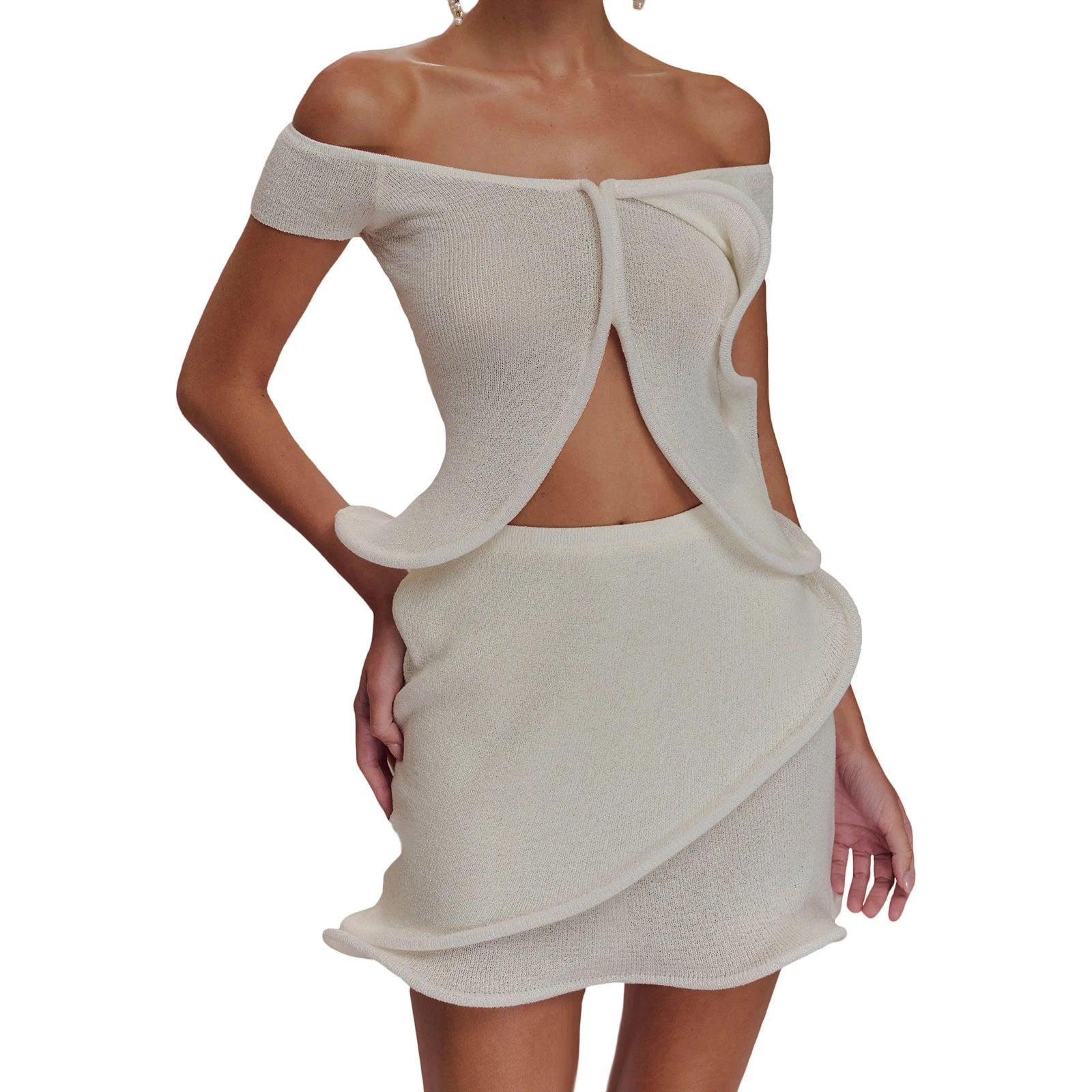 Cyflymder  Women Knit Set y2k Clothes Off Shoulder Short Sleeve Slit Crop Top with High Waist Skirt Beach Party Clothing Clubwear