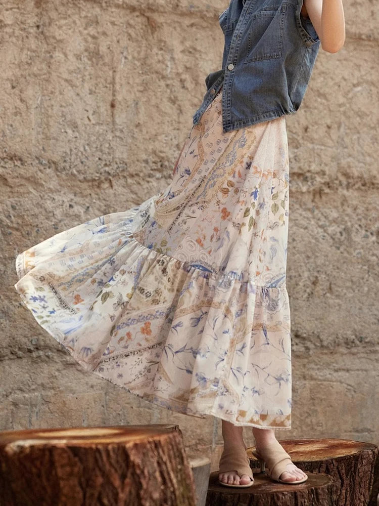 Cyflymder  Boho Vintage Print Long Skirt Women Beach Casual High Waist Loose Skirts Retro Sweet Lady High Quality A Line Long Skirts