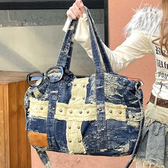 Cyflymder  High-capacity Patchwork Cross Vintage Rivet Shoulder Underarm Bag Grunge Punk Denim Bags Y2k Aesthetic Women Handbags Crossbody