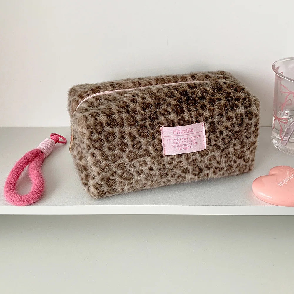 Cyflymder  Girly Leopard Print Plush Makeup Bag Portable Pencil Ballpoint Pen Pouch Student Cosmetic Carry Case