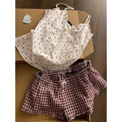 Cyflymder  Ballet Floral Small Suspenders Pajamas Women's Summer New Plaid Shorts Loungewear Suit