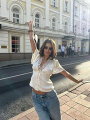 Cyflymder  Lace Patchwork Short Sleeve Tops for Women V Neck Sheath Solid Tees Fashion Female Sexy Club T-shirts Elegant Casual