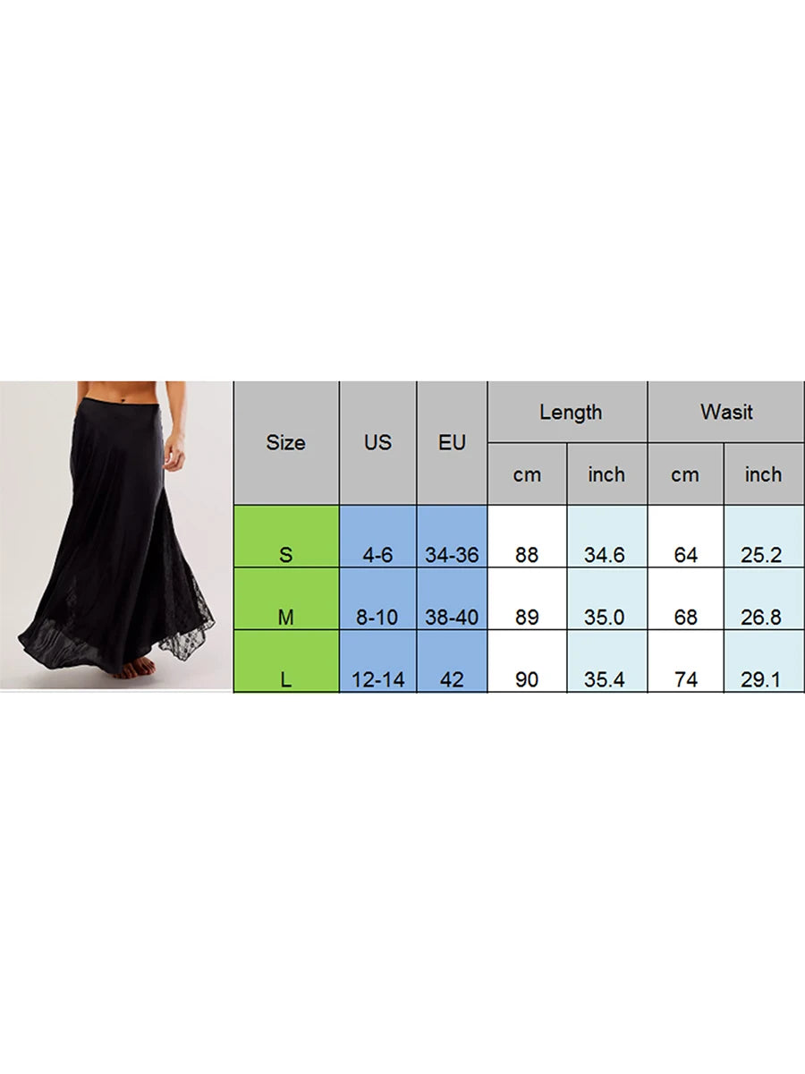 Cyflymder  Fashion Women's Midi Skirt Low Waist Patchwork Lace Satin Skirt with Lace Flower Y2K Vintage Skirt for Summer Hoiday