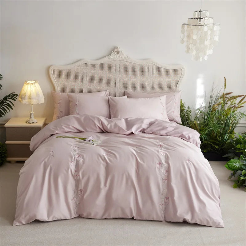 Cyflymder  Long-staple Cotton Floral Blossom Embroidery Comfortable Ultra Soft (1Duvet Cover+1Flat Bedsheet/Fitted Bedsheet+ 2Pillowcases)