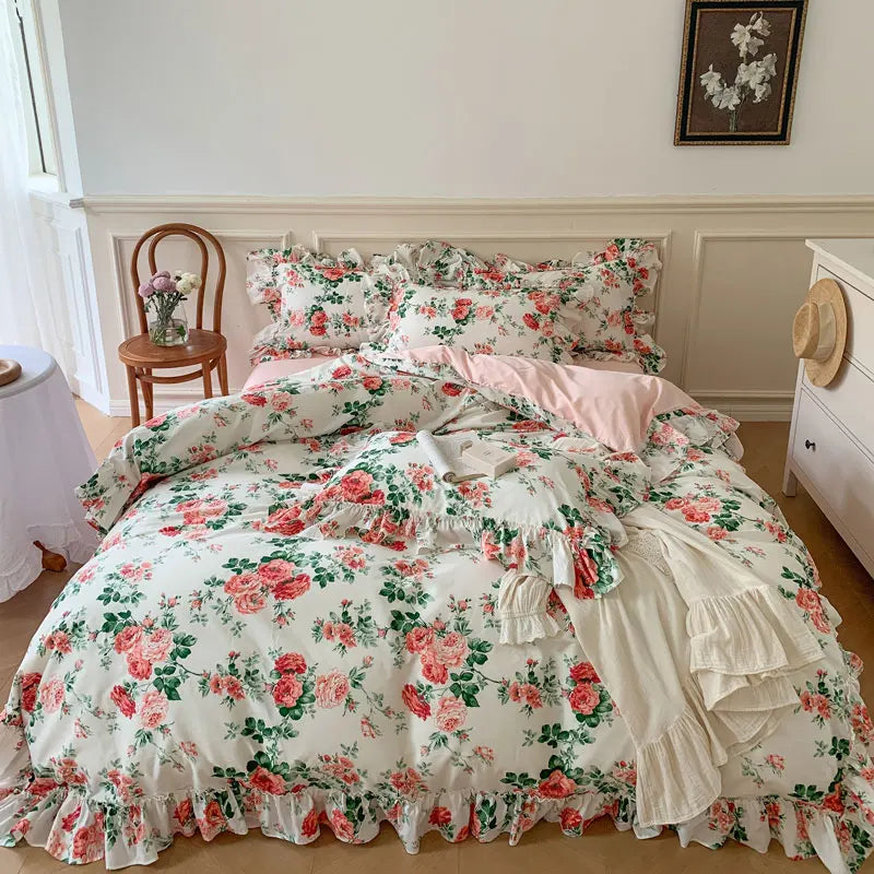 Cyflymder  French Vintage Bed Skirt Bedding Set 100% Cotton Rose Print Linen Set Lace Ruffles Duvet Cover Bed Sheet Fitted Sheet Pillowcase