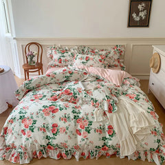 Cyflymder  French Vintage Bed Skirt Bedding Set 100% Cotton Rose Print Linen Set Lace Ruffles Duvet Cover Bed Sheet Fitted Sheet Pillowcase