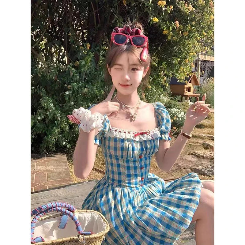 Cyflymder  Vintage Plaid Mini Dress Women Japanese Kawaii Bow Lace Dresses Summer Korean Square Collar Puff Short Sleeve Bodycon Vestidos