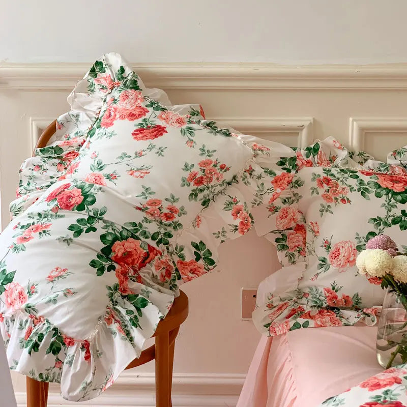 Cyflymder  French Vintage Bed Skirt Bedding Set 100% Cotton Rose Print Linen Set Lace Ruffles Duvet Cover Bed Sheet Fitted Sheet Pillowcase