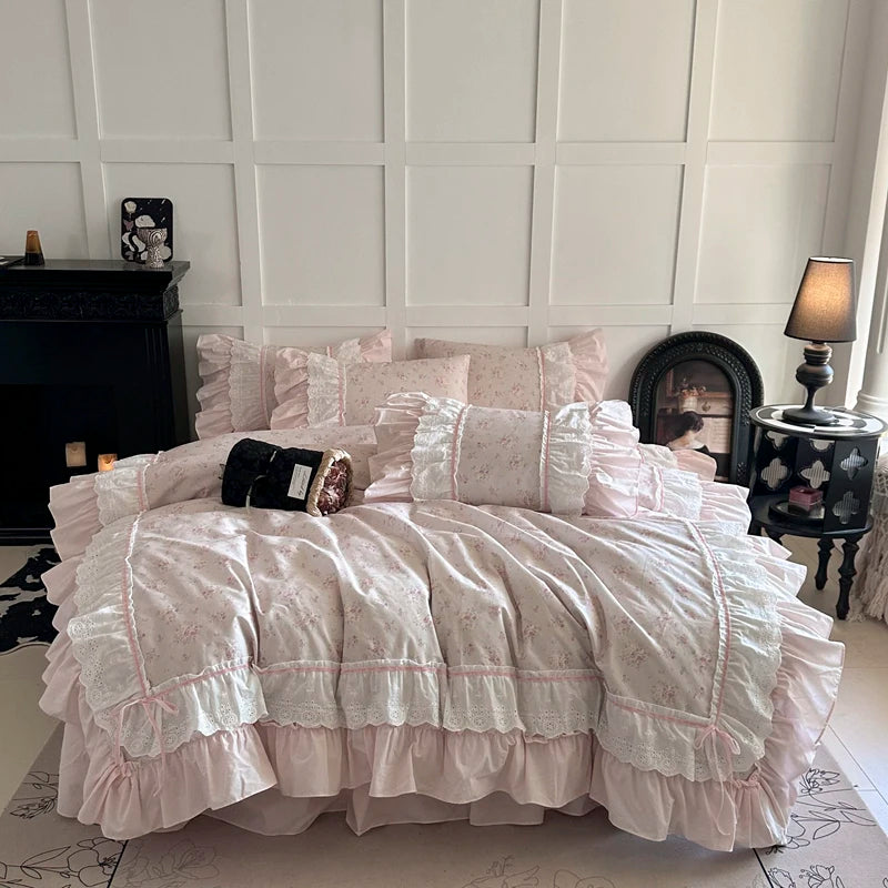 Cyflymder  Pink Floral Double Layer Lace Ruffles 100% Cotton Bedding Set Duvet Cover Set Bed Sheet/Bed Skirt/Fitted Sheet Pillowcases 4Pcs