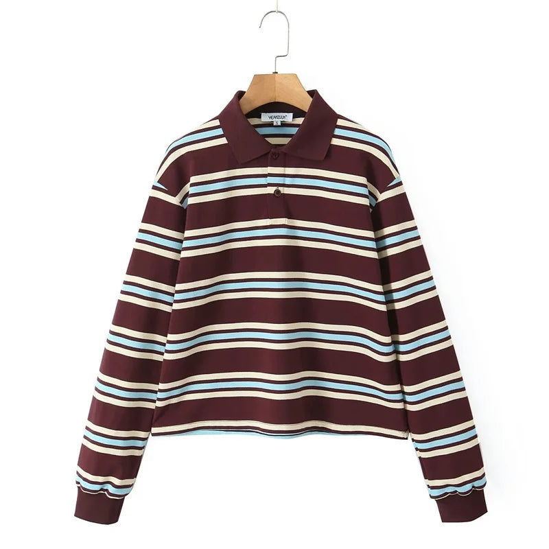 Cyflymder  Loose Fits Casual Street Sle T-irt  Collar Contrast Color Versatile Lazy Sli Top American Retro Striped
